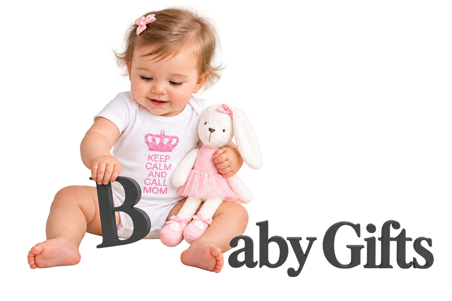 Baby Gifts — a baby girl holding the letter B and a bunny, wearing our Keep Calm and Call Mom romper