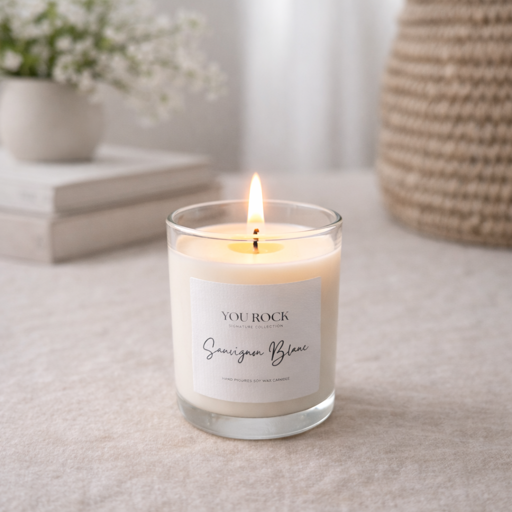 White wine soy wax candle in the living room, perfect decoration, creates cozy atmosphere. 