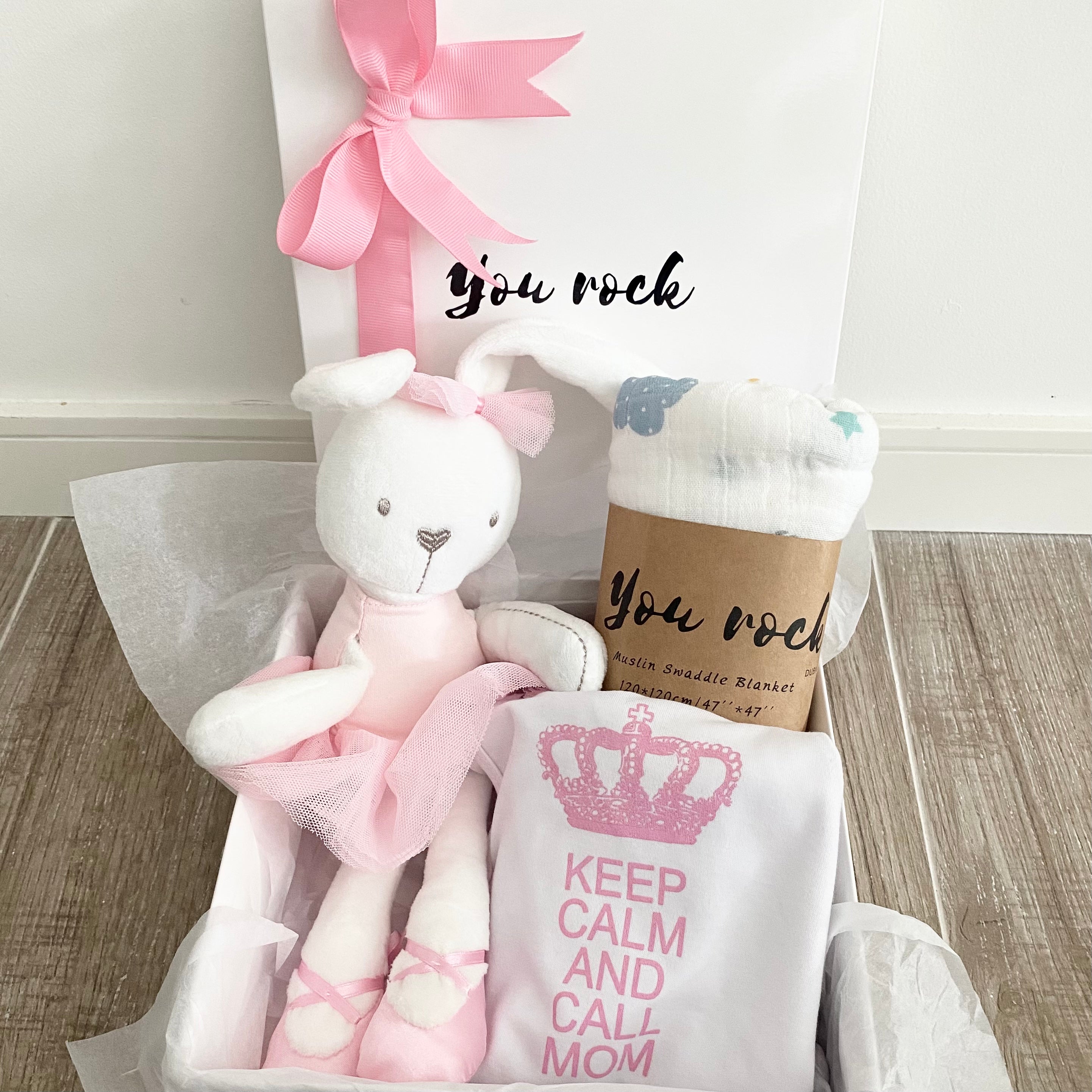 Excellent Gift Set for Newborn Baby Girl - Swaddle, Keep Calm Call Mom Romper & Soft Toy 