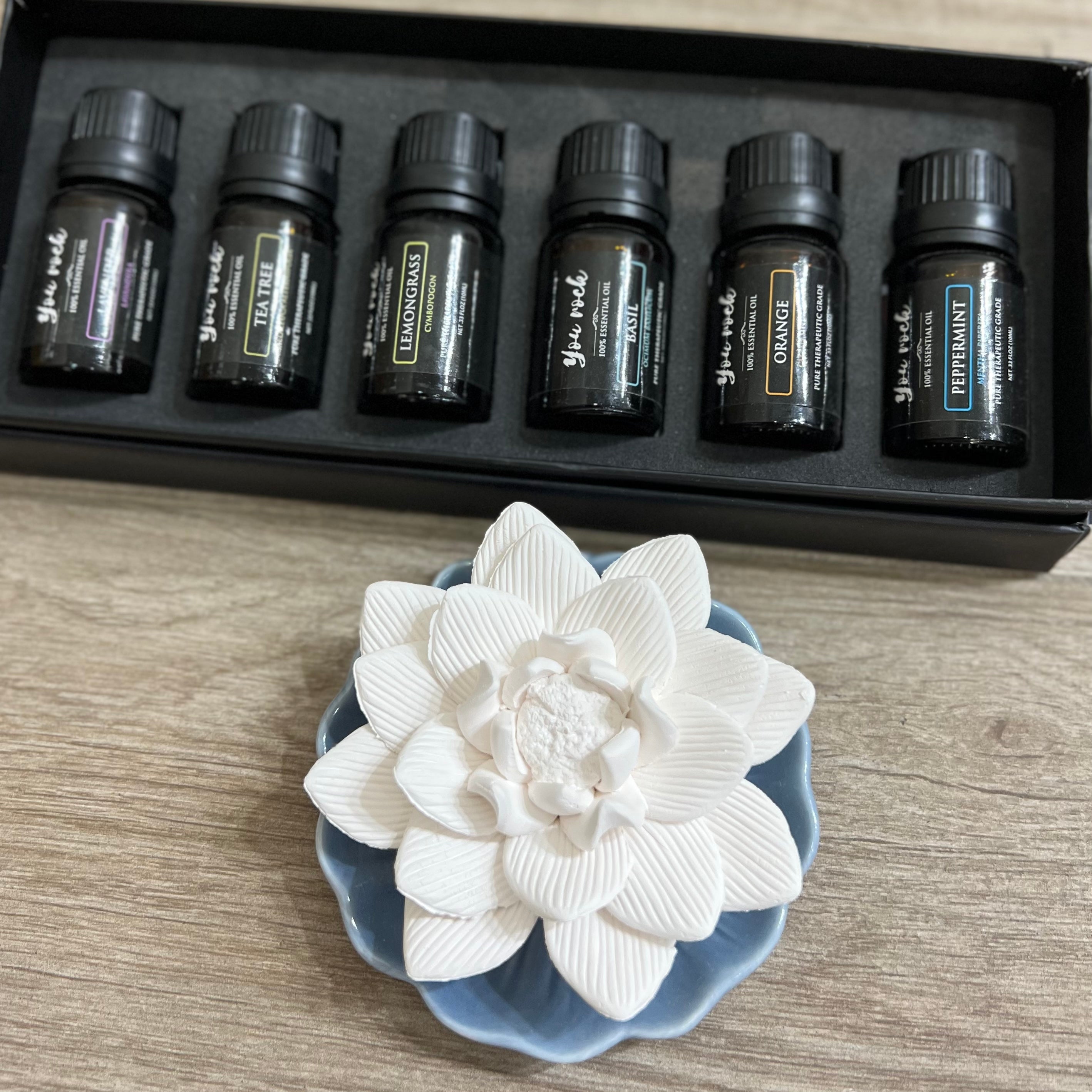 "Ceramic Flower Diffuser" with All Natural set of 6 Essential Oil To ...